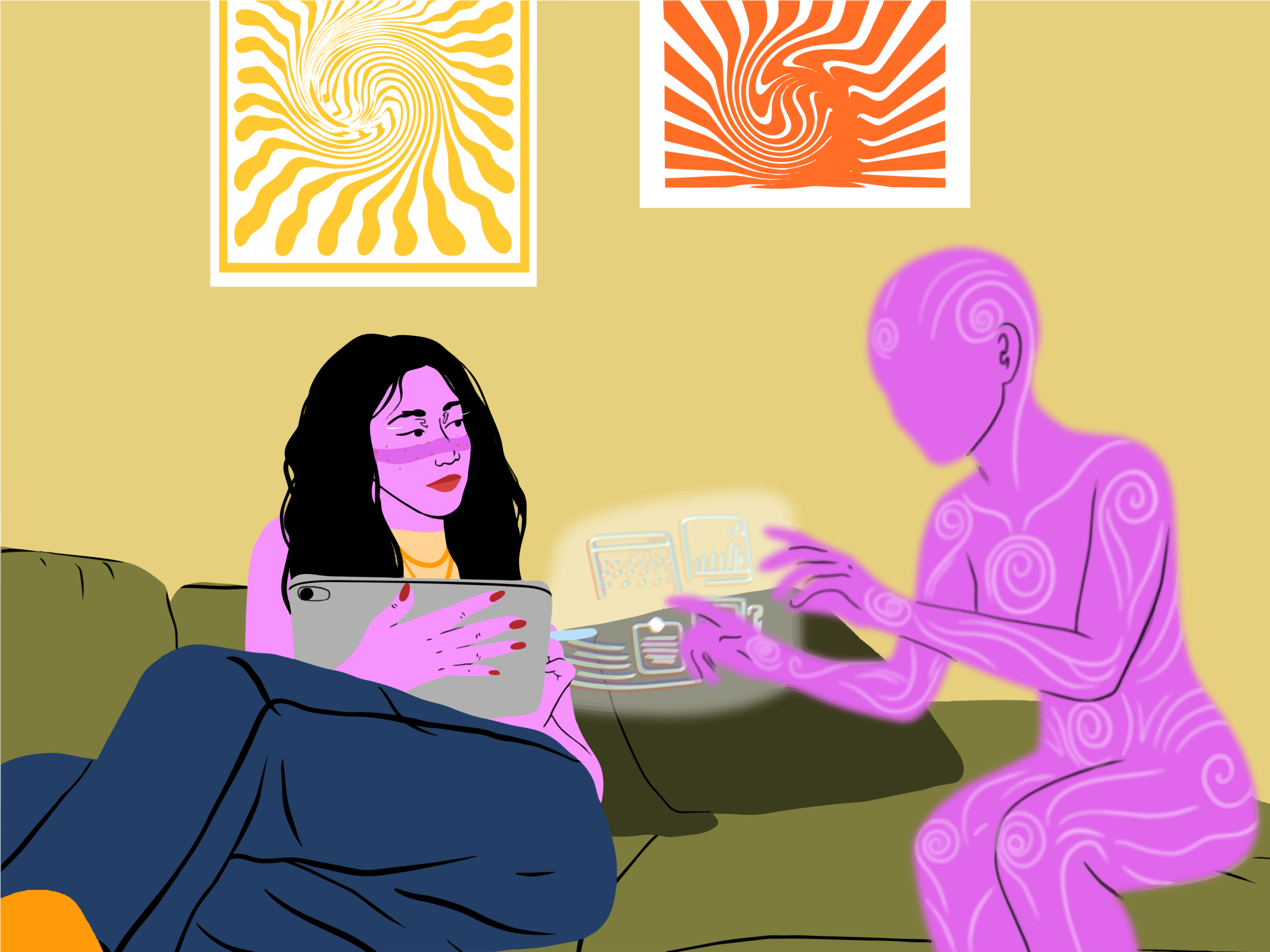 Illustration of a designer working on a tablet alongside a glowing AI figure